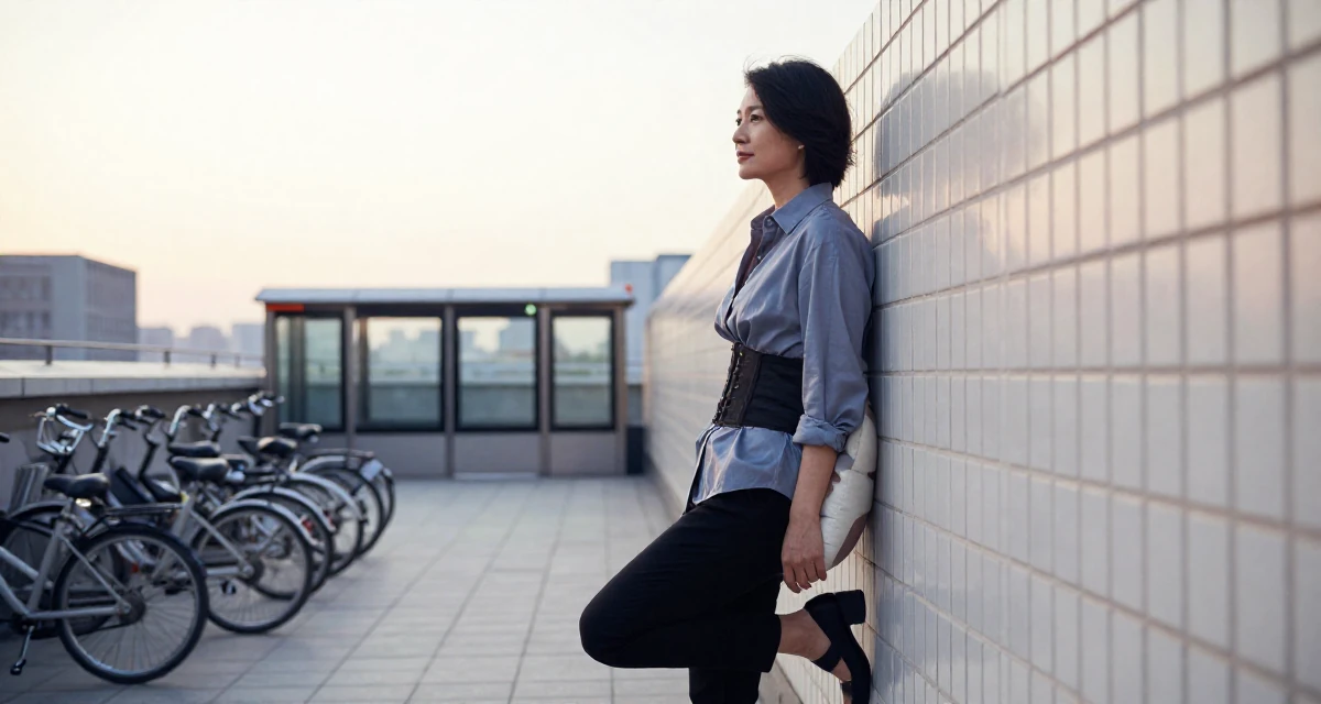 A calmly observant Female From China, studied computer graphics in their 46, fashionista proving style has no age limit, wearing a button-up shirt with a corset belt and black pants, hugging a pillow or cushion in a rooftop terrace at sunset.