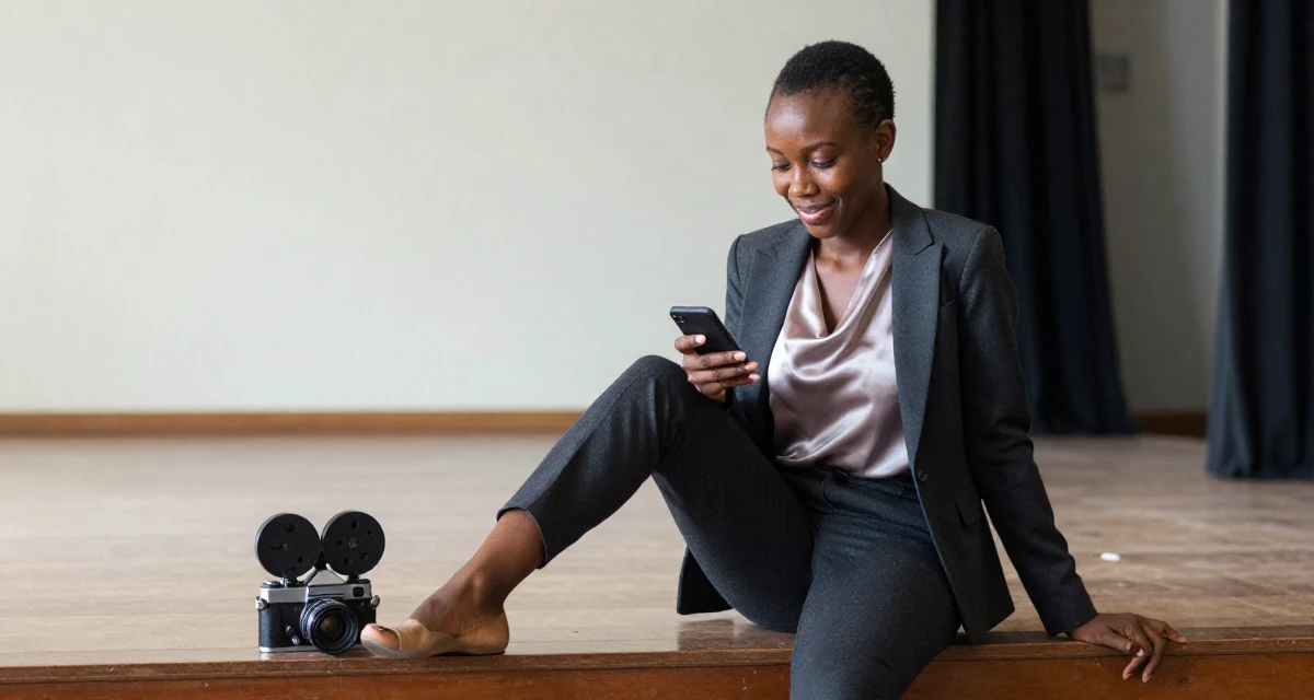 A fragile Female From Cameroon, majored in applied statistics in their 25, looking back at 21 with a wise smile, wearing a satin cowl neck top under a business suit, reading a text message in a theater stage.