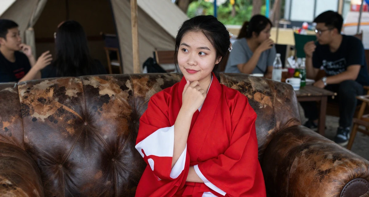 A quietly happy Female From Vietnam, majored in international business in their 22, grinding nonstop while peers enjoy carefree weekends, wearing a traditional Japanese miko priestess robe in red and white, touching the chin thoughtfully in a camping site.