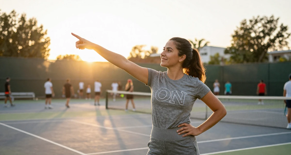 A sweet Female From Mexico, majored in global trade in their 29, letting go of the need to please everyone, wearing a grey tones casual wear, pointing at something distant in a tennis court.