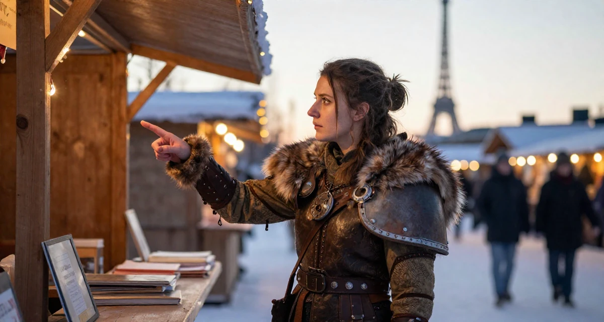 A melancholic Female From Helsinki Finland, studied visual communication in their 25, struggling to maintain motivation in early studies, wearing a viking shield-maiden outfit with fur and leather, picking something up in a night market stall.