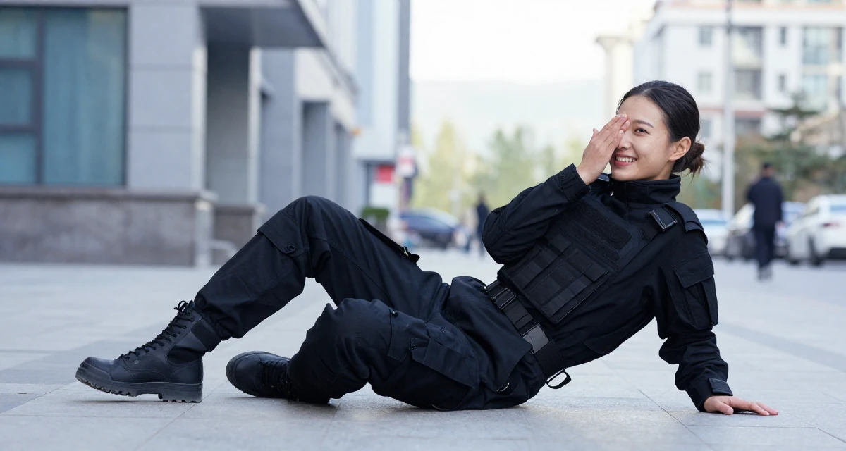A subtly confident Female From Mongolia, based in Ulaanbaatar, graduated from a national university majoring in media studies in their 25, discovering early creative passions, wearing a special forces tactical suit in matte black, covering a laugh with one hand in a urban street.