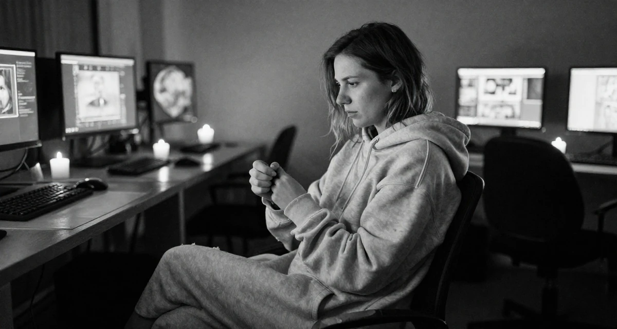 A emotional Female From Helsinki Finland, practiced emotional expression through self-portrait art in their 23, seeking spiritual grounding amidst chaos, wearing a oversized hoodie worn as a dress, fixing a cufflink in a cybernetic computer lab.