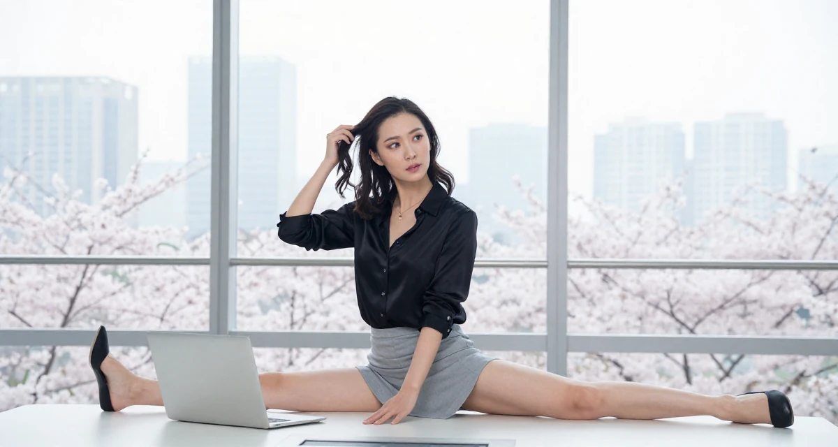 A curious and focused Female From Shenzhen China, studied makeup artistry while modeling part-time in their 30, freelancing after a layoff, wearing a black silk blouse slightly unbuttoned and a grey skirt, retouching hair volume in a glass-walled conference room.