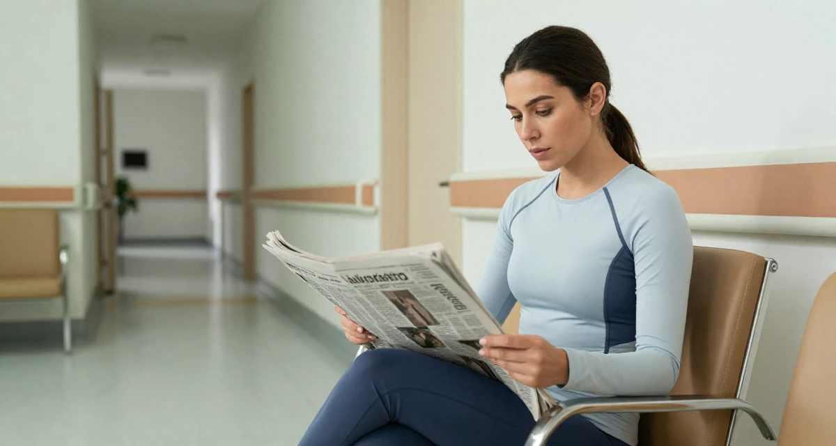 A deeply absorbed Female Former nurse in her late 20s, now building a wellness-focused creator brand in their 25, discovering what content feels comfortable or not, wearing a modern tech-wear inspired look, holding a newspaper in a hospital corridor.