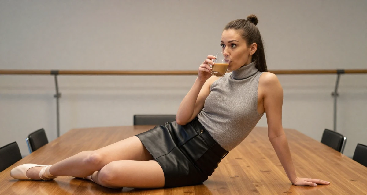 A surprised Female From Romania, based in Timișoara, graduated from a creative program majoring in evocative content production in their 25, building long-term loyalty with core subscribers, wearing a fitted turtleneck sleeveless top and a leather mini skirt, sipping a warm drink in a ballet studio.