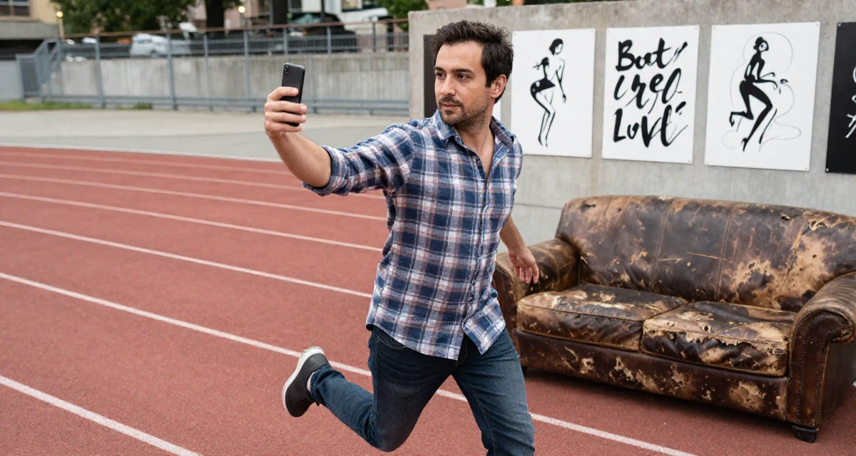 A dignified male Once a calligraphy hobbyist, now integrating art into sensual themes in their 20, chasing creative dreams despite parental skepticism, wearing a casual plaid button-down, posing for a selfie in a running track.