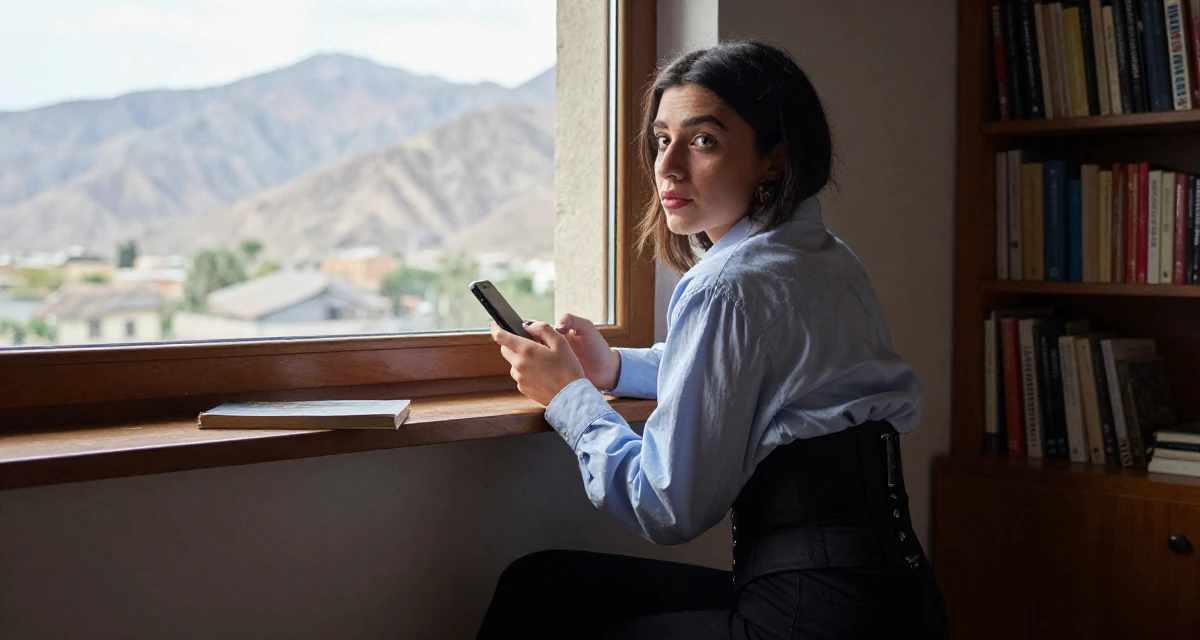 A yearning Female Born in Egypt, studied public relations in their 20, exploring identity through bold fashion choices, wearing a button-up shirt with a corset belt and black pants, checking a phone in a cozy reading nook by a window.