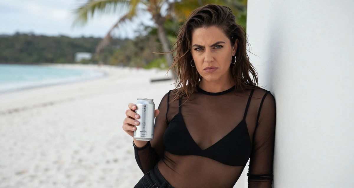 A rebellious Female From Australia, studied event management in their 40, embracing natural beauty and self-acceptance, wearing a sheer mesh top layered over a black bralette, holding a beverage can in a tropical white sand beach.