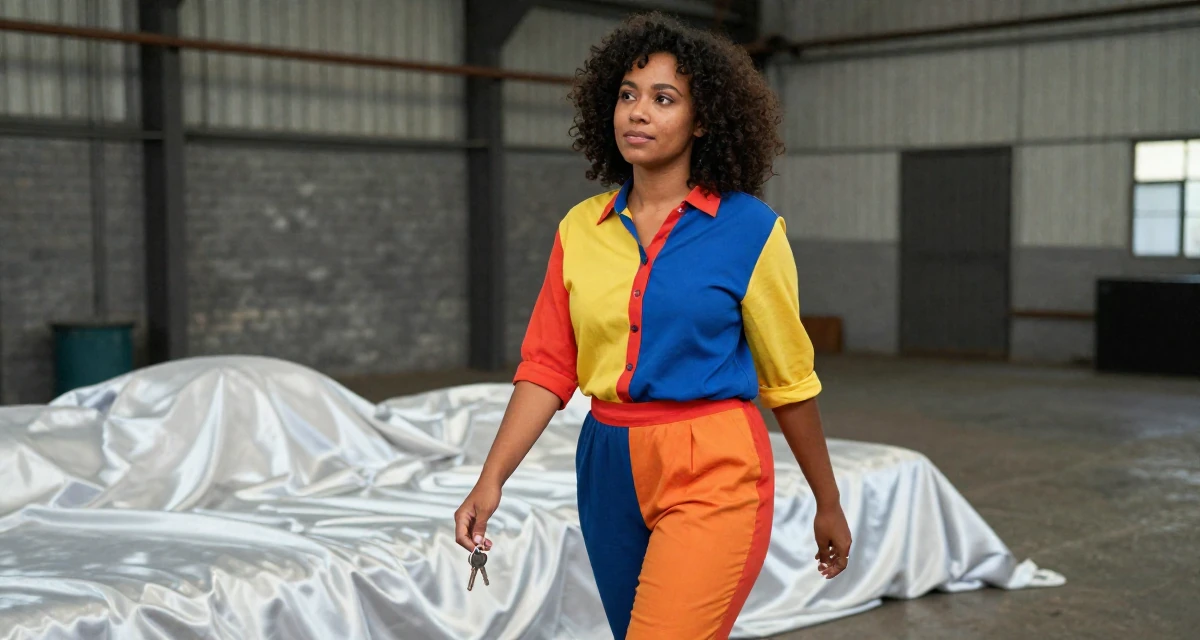 A relaxed and observant Female From Cape Town South Africa, studied film editing in their 25, realizing fans respond to confident playful energy, wearing a bold color-block outfit, holding a set of keys in a industrial warehouse.