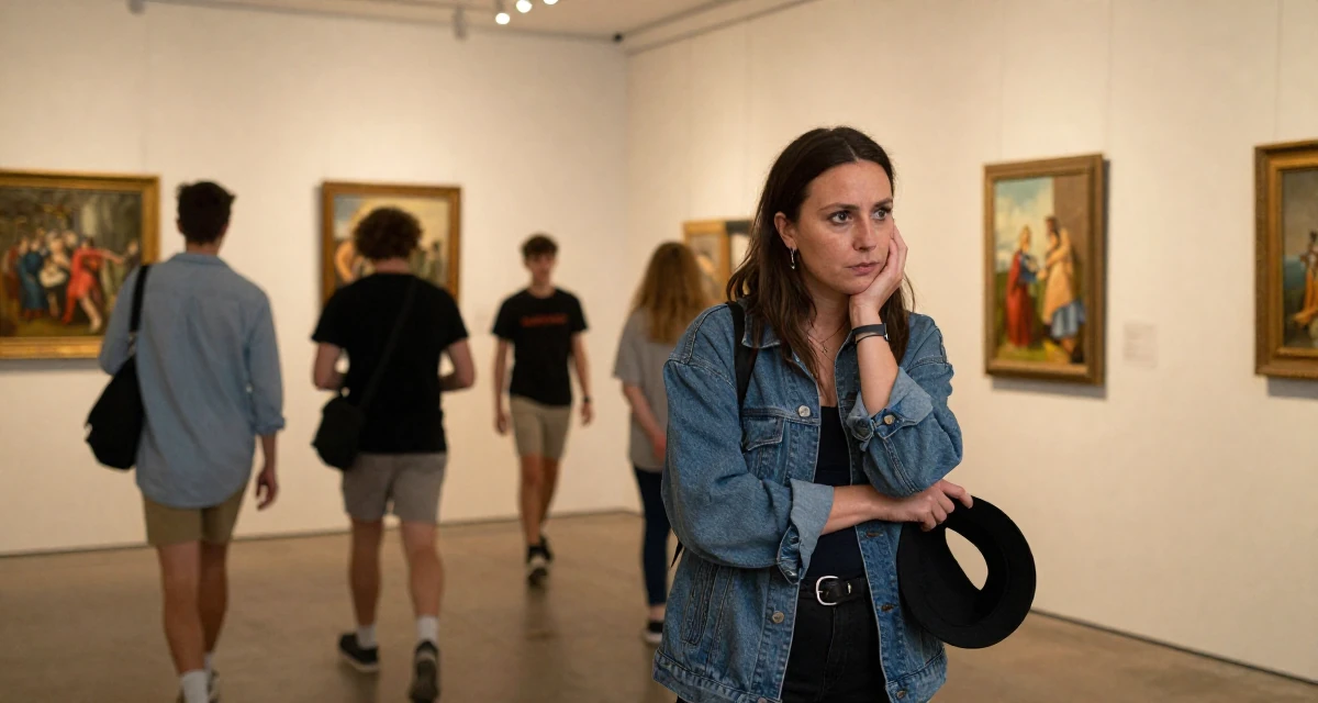 A hypnotic Female Previously a corporate HR specialist, now a digital intimacy coach in their 46, running a household with teens, wearing a relaxed streetwear, holding a hat in a art gallery hall.