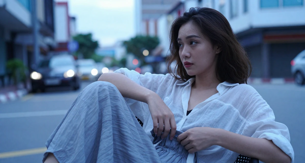 A introspective Female From Johor Malaysia, learned portrait photography through freelance work in their 22, refining flirty messaging styles without oversharing, wearing a relaxed vacation shirt, smoothing down a dress in a urban street.