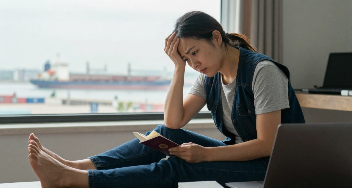 A stoic and strong Female From China, majored in journalism in their 28, dealing with fatigue from years of online performance, wearing a casual vest and t-shirt layer, holding a passport in a home interior.