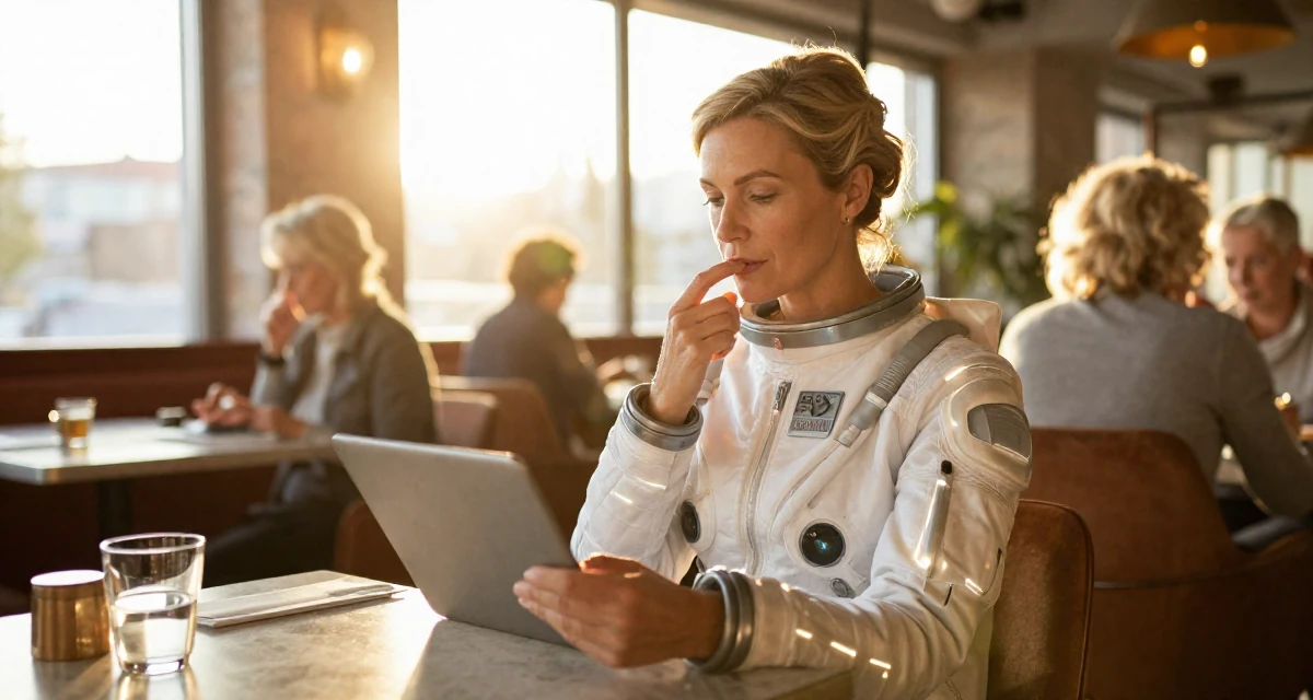A relaxed and carefree Female From Berlin Germany, holds a degree in media engineering in their 40, navigating the balance of career and aging parents, wearing a futuristic space pilot plugsuit with glowing lines, scrolling casually in a high-end restaurant.