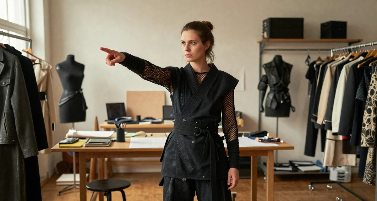 A stoic and strong Female From Netherlands, studied media and culture in their 25, embracing solitude and self-discovery, wearing a ninja kunoichi outfit with fishnet details, pointing at something nearby in a fashion design studio.
