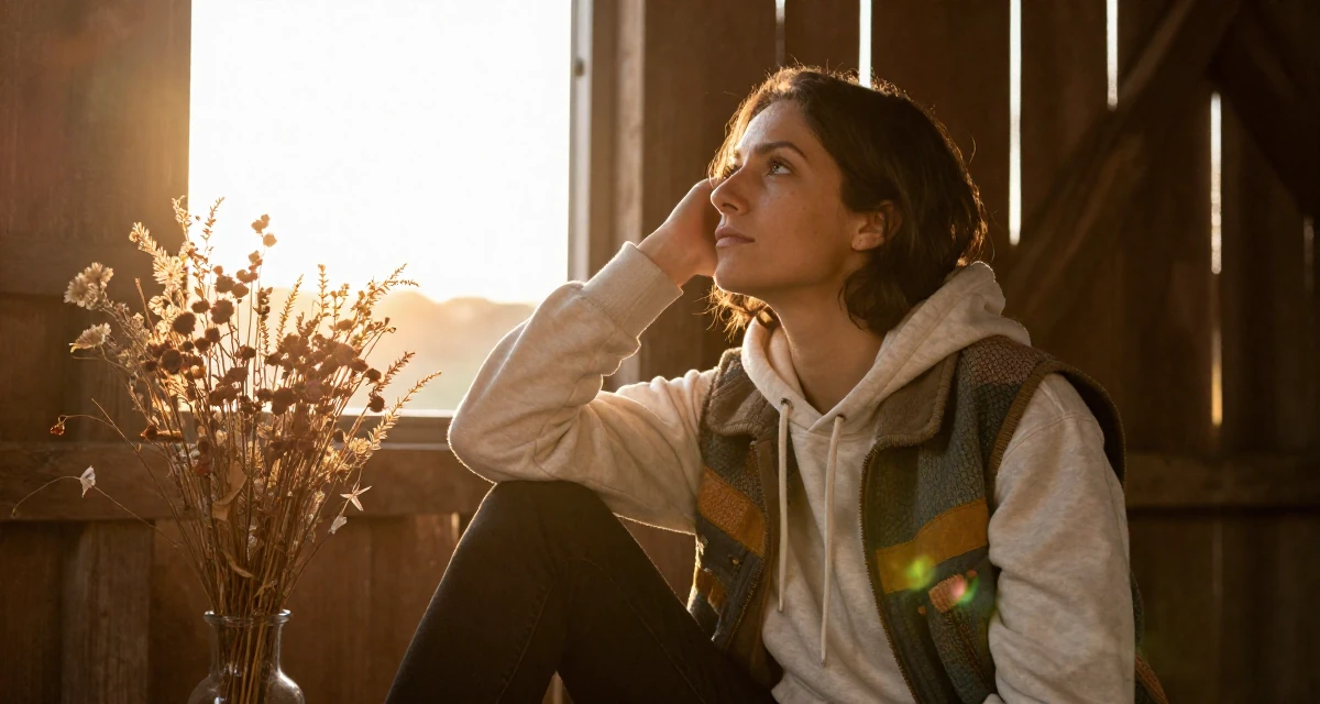 A sincere Female From Porto Portugal, studied event management in their 29, managing emotional burnout disguised as “taking a break”, wearing a layered vest over hoodie, gazing at the sky in a barn interior.