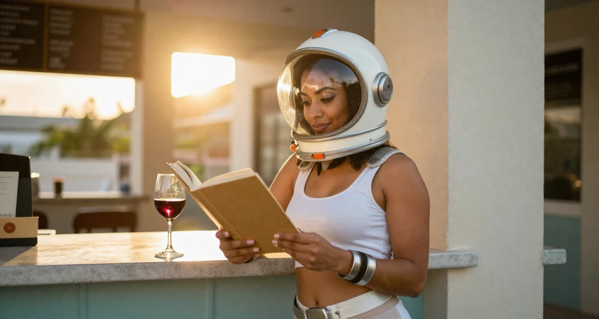 A witty Female From Barbados, majored in digital entrepreneurship in their 32, building a side hustle while working full-time, wearing a retro sci-fi space girl outfit with a bubble helmet, reading a book intently in a bakery counter.