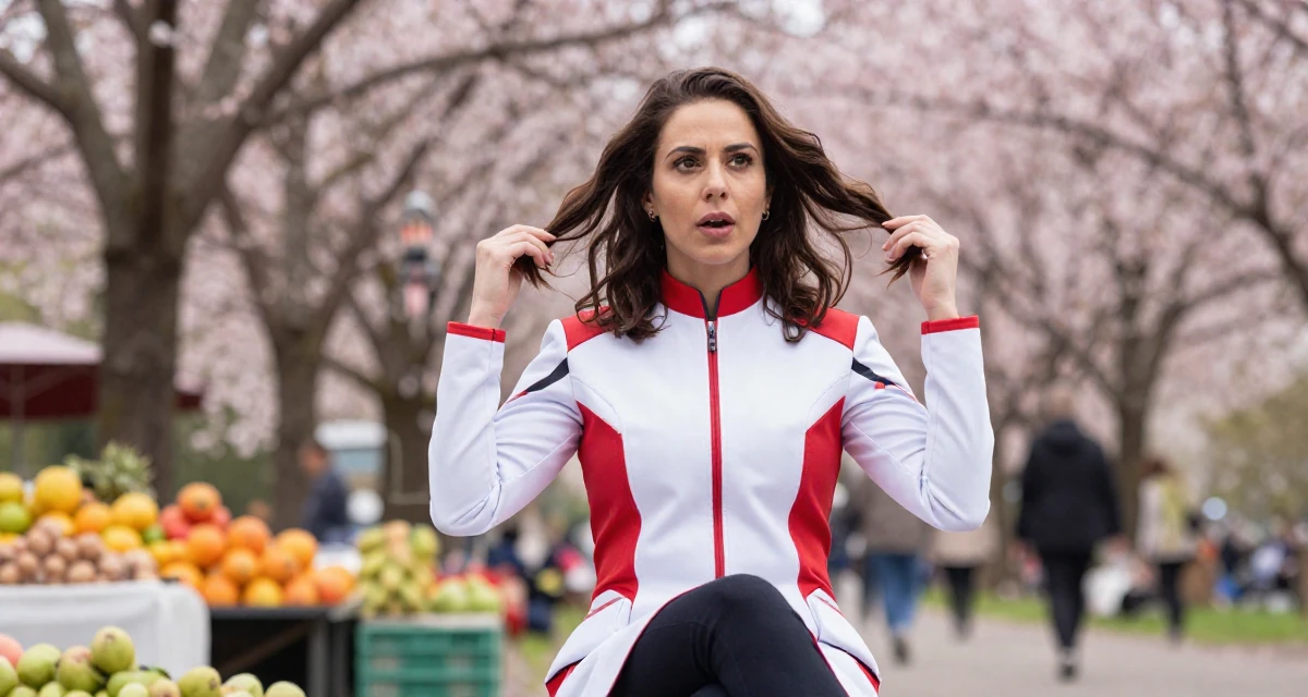 A eager Female From Brazil, studied fashion merchandising in their 44, handling high healthcare expenses, wearing a futuristic medic uniform with white and red details, fixing a loose strand of hair in a cherry blossom park.