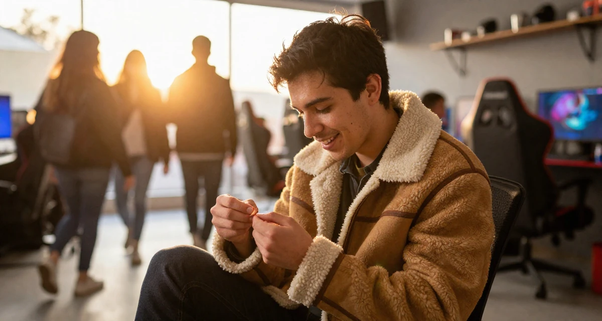 A optimistic male From Colombia, has a background in performing arts in their 23, seeking spiritual grounding amidst chaos, wearing a warm shearling jacket, inspecting fingernails in a gaming room.
