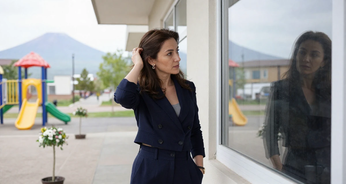 A refreshed Female From Azerbaijan, majored in petroleum engineering in their 50, established authority in a niche industry, wearing a cropped business jacket and high-waisted pants, checking a reflection in a window in a school playground.
