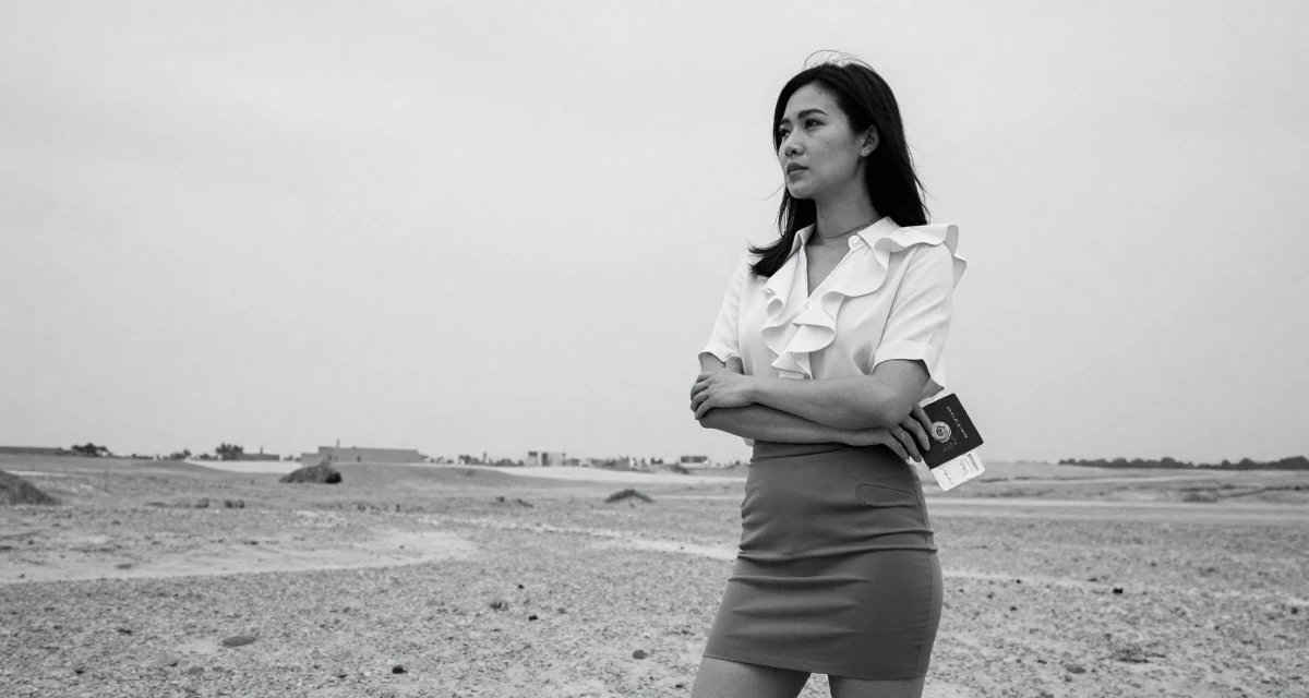 A observant Female From Taiwan, studied visual communication design in their 41, tech executive pivot to digital content creation, wearing a ruffled blouse tucked into a tight mini skirt, holding a passport or ticket in a desert landscape.