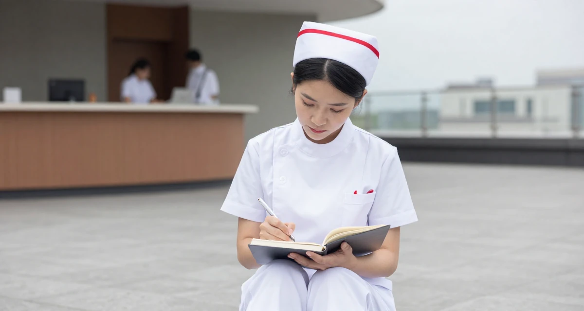 A steady Female Previously a travel-blog student, now turning trips into premium creator content in their 22, missing the freedom of student days, wearing a nurse cosplay uniform with a stylized cap, writing in a notebook in a rooftop terrace.