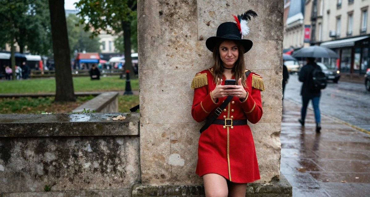 A cheeky Female From France, studied fashion design in their 22, becoming more aware of personal boundaries with fans, wearing a royal musketeer tunic with a feathered hat, texting with both thumbs in a quiet park.