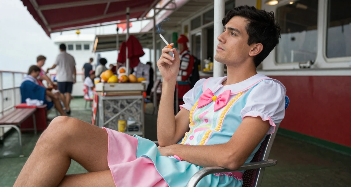 A observant male From USA, dropped out of art school to pursue modeling in their 27, experimenting with new content formats, wearing a candy-themed magical girl dress with pastel colors, holding a cigarette (lit or unlit) in a ferry deck.