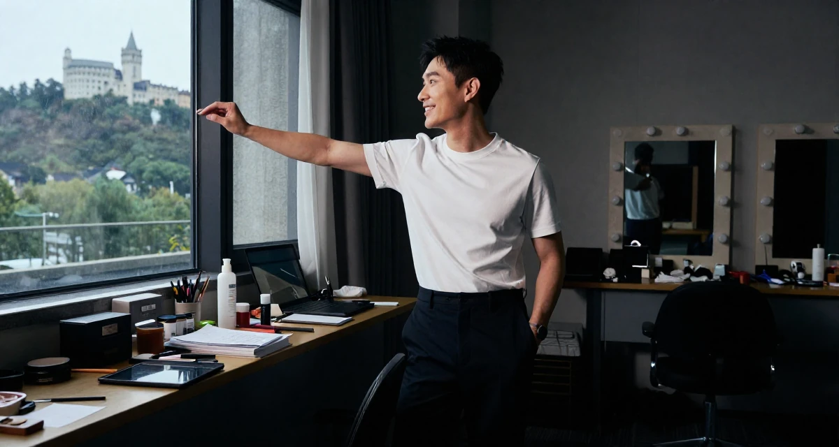 A optimistic male From Hangzhou China, majored in visual arts in their 25, stabilizing monthly income and planning long-term strategy, wearing a minimalist everyday clothing, looking out the window in a backstage dressing room.