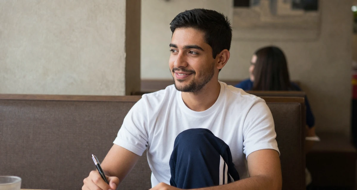 A charming male From Colombia, based in Medellín, graduated from a communication school majoring in brand communication in their 49, noticing early burnout signs, wearing a school gym uniform with bloomers and a white t-shirt, holding a pen in a restaurant booth.