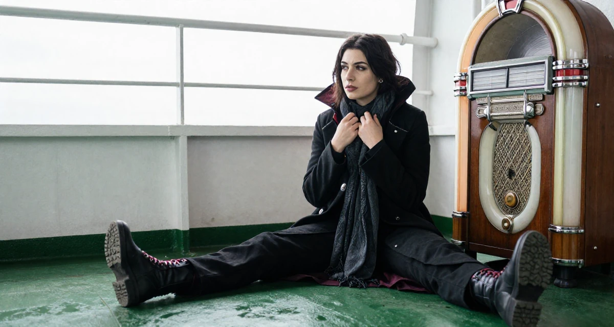 A distracted Female From Bolivia, studied graphic design at a technical school in their 42, restarting career after burnout, wearing a gothic vampire hunter outfit with a long coat, wrapping a scarf around the neck in a ferry deck.