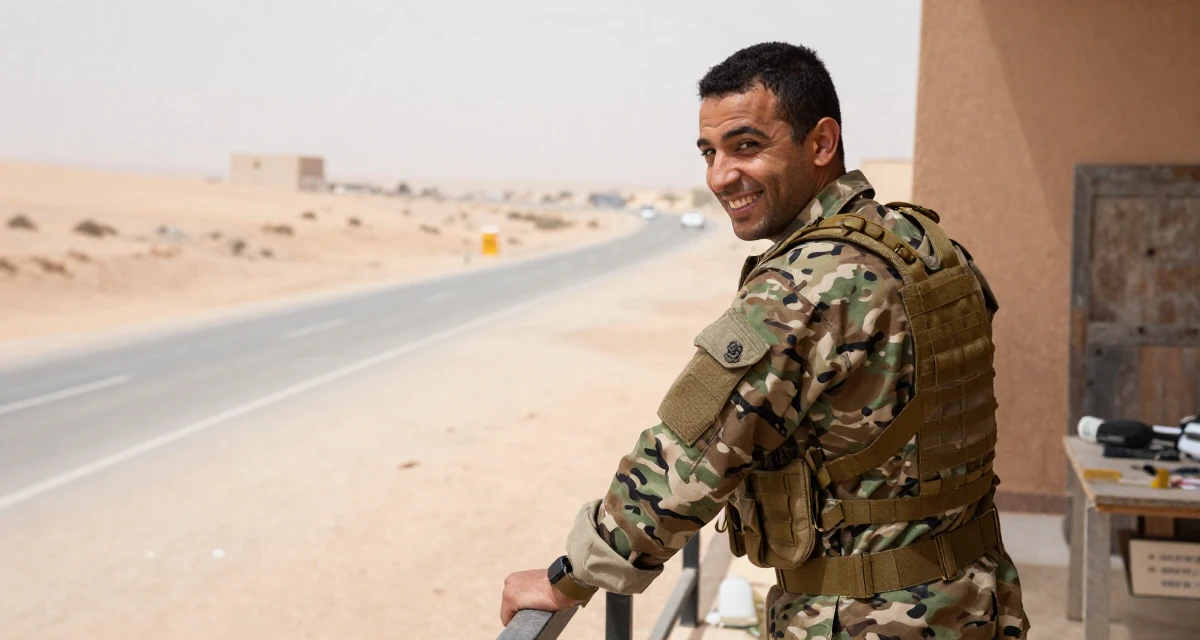 A victorious male From Morocco, based in Casablanca, graduated from a cultural college majoring in expressive movement studies in their 24, understanding long-term consequences of choices, wearing a commando outfit with camouflage paint and tactical harness, grabbing a railing for support in a artist workshop.