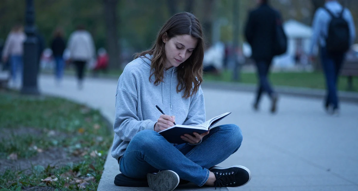 A gently serious Female Grew up in Croatia, studied interaction design in their 36, documenting the process of writing a book, wearing a relaxed streetwear, sketching on a pad in a quiet park.