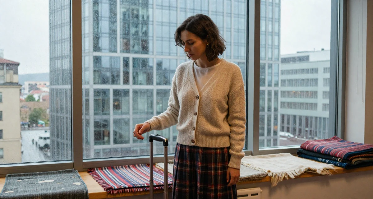 A deeply absorbed Female From Brno Czech Republic, trained in alternative fashion styling in their 23, comparing their career progress to peers online, wearing a classic librarian style cardigan and a plaid skirt, polling a luggage handle in a rainy window seat.