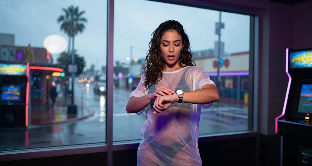 A vibrant and alive Female From Los Angeles USA, majored in performing arts in their 22, exploring early career opportunities, wearing a semi-transparent beach cover-up dress, checking a wristwatch in a arcade room with neon lights.