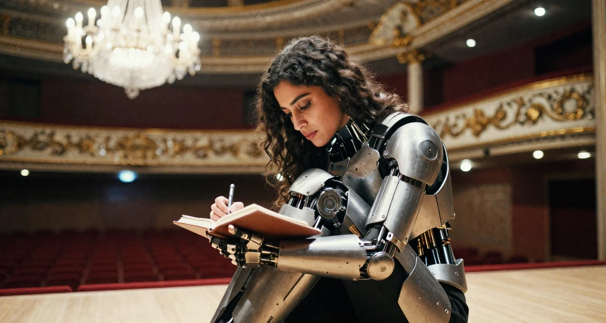 A quietly content Female Grew up in Saudi Arabia, studied visual merchandising in their 29, navigating the fear of stagnation in a saturated market, wearing a futuristic android body armor with exposed mechanical parts, writing in a journal in a theater stage.
