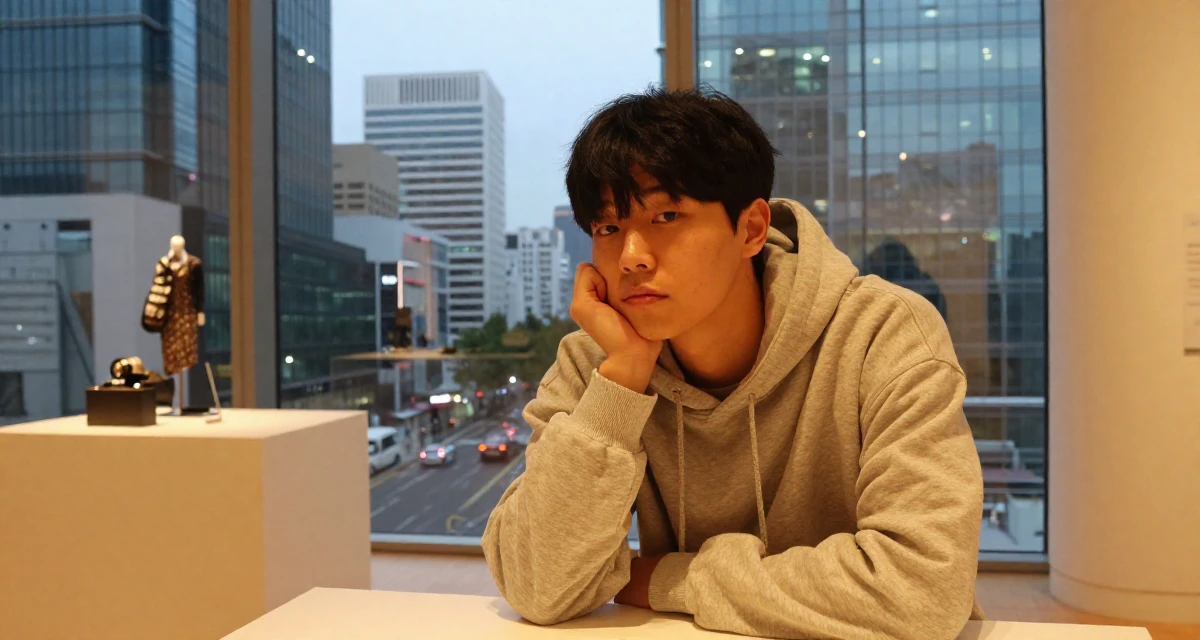 A zoned out male Based in South Korea, studied fashion merchandising in their 26, working through back-to-back burnout cycles, wearing a comfortable lounge wear set, leaning head on a hand in a museum exhibit.