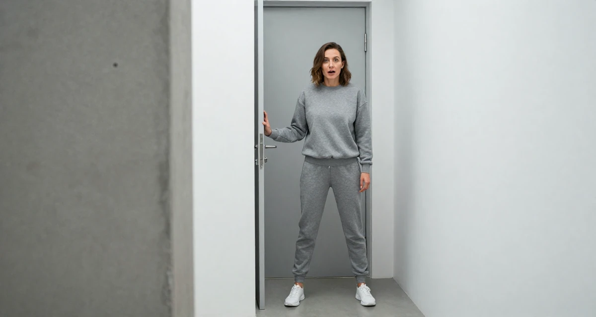 A surprised Female Raised in Poland, majored in entrepreneurship studies in their 50, feeling more vibrant and energetic than ever, wearing a relaxed jogger and sweatshirt combo, pushing a door open in a quiet library corner.