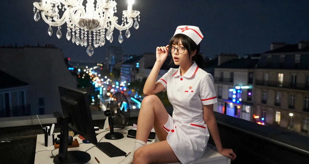 A yearning Female From Paris France, majored in cultural studies in their 22, building fans who appreciate charm over shock, wearing a nurse cosplay uniform with a stylized cap, adjusting glasses in a messy desk.