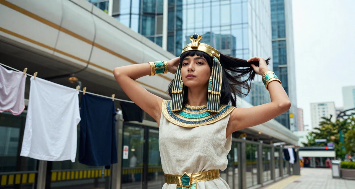 A warmhearted Female Based in South Korea, studied fashion merchandising in their 25, planning high-quality shoots that feel bold but elegant, wearing a egyptian queen costume with gold collar and linen, twirling a lock of hair in a subway platform.