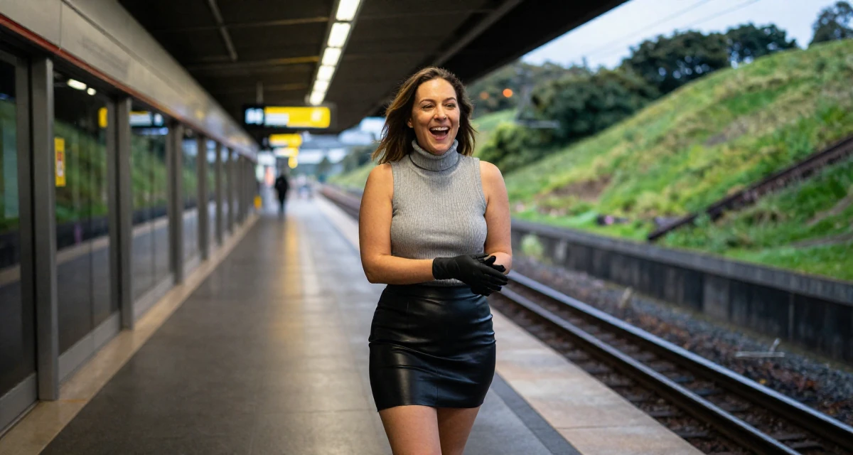 A ecstatic Female From Auckland New Zealand, explored intimate photography as personal therapy in their 31, sharing the reality of post-partum recovery, wearing a fitted turtleneck sleeveless top and a leather mini skirt, removing a glove in a subway platform.