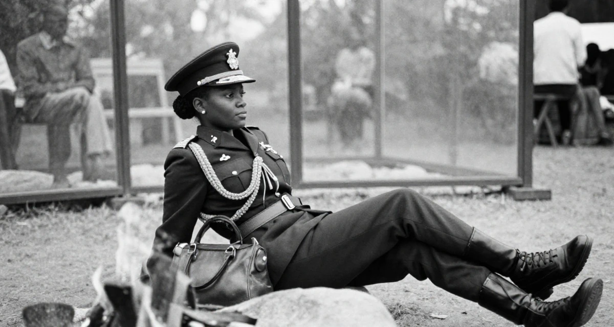 A settled Female From Madagascar, majored in ecotourism in their 31, recently paid off student loans, wearing a military general uniform with gold braiding and a hat, carrying a leather handbag in a campfire circle.
