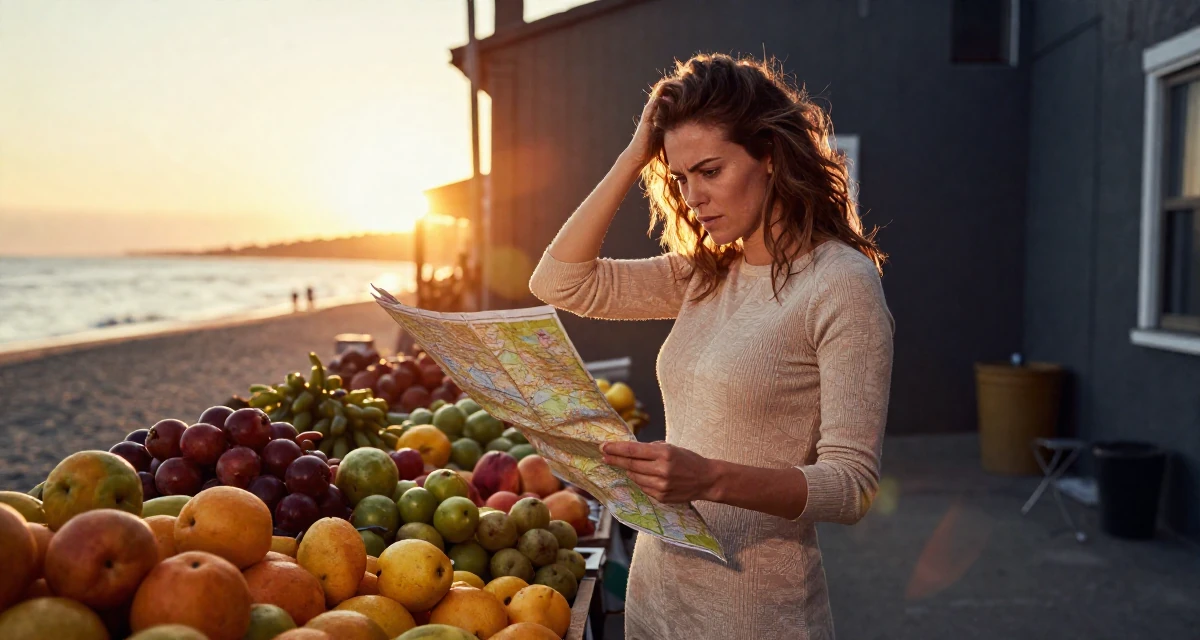 A impatient Female From Canada, trained in culinary arts in their 46, creating a sanctuary at home for relaxation, wearing a tight knit midi dress with long sleeves, looking at a map in a sunset beach.