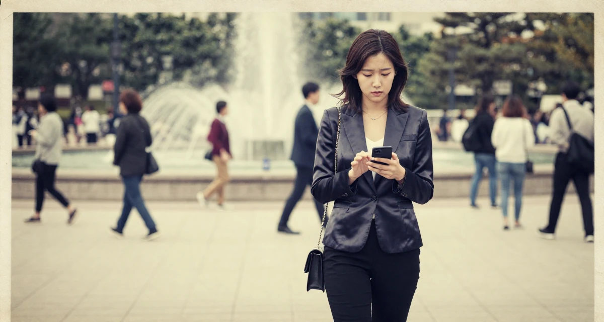 A bored Female From Seoul South Korea, studied international relations in their 26, learning that trends shift faster than energy can keep up, wearing a satin lapel blazer and tuxedo pants, unlocking a phone screen in a photo studio.