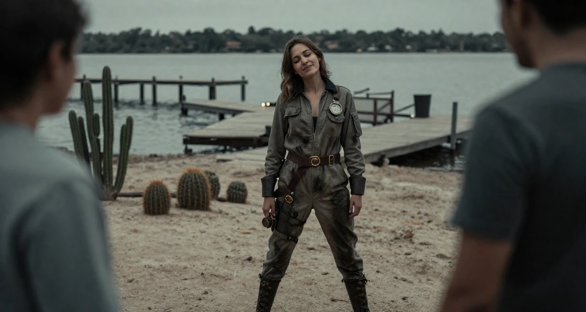 A sleepy Female From Gabon, studied oil and gas management in their 22, using body language to convey mood more than exposure, wearing a steampunk mechanic jumpsuit with grease stains, smiling at a stranger in a lakeside dock.
