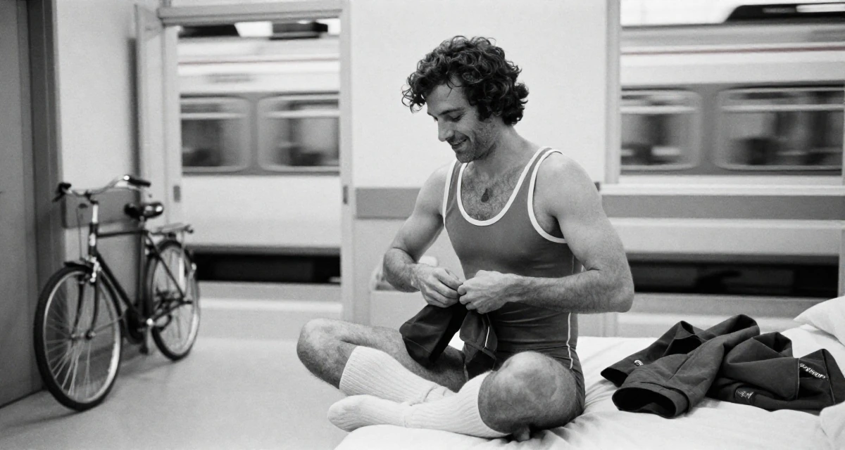 A smiling gently male From Madrid Spain, studied sensual dance and camera presence in their 45, focusing on mental clarity and meditation, wearing a retro 80s workout leotard and leg warmers, buttoning up a jacket in a hospital corridor.