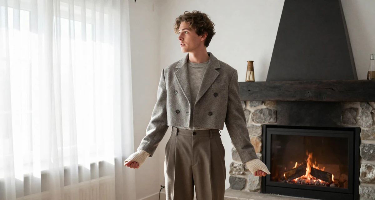 A curious and focused male Raised in Iceland, majored in creative digital strategy in their 23, embracing flirtatious storytelling in creative sets, wearing a cropped blazer and high-waisted trousers set, pulling a sweater sleeves over hands in a ski lodge fireplace.