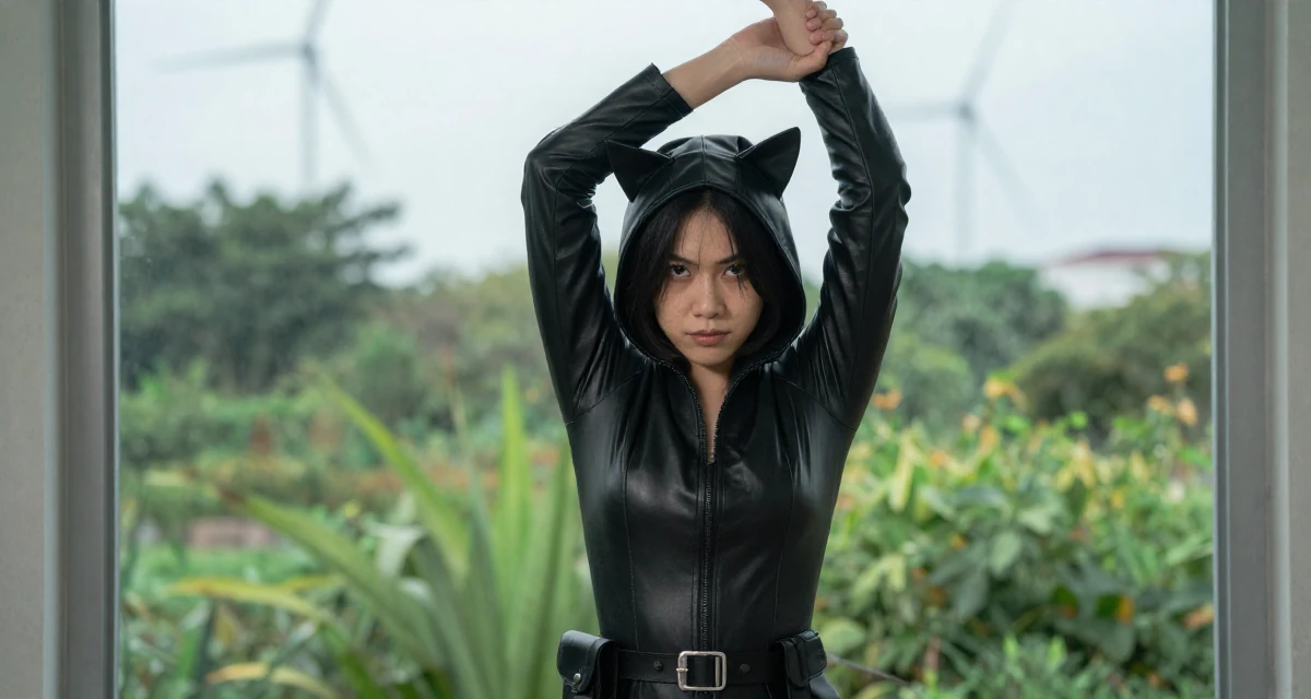 A triumphant Female From Kuala Lumpur Malaysia, majored in accounting in their 22, dealing with loneliness because creator life is misunderstood, wearing a tight leather cat burglar suit with a utility belt, pulling up a sock in a botanical garden.