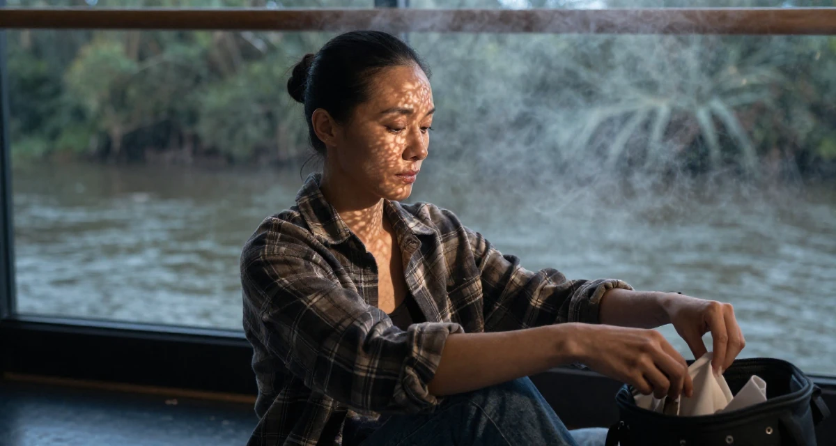 A solemn but kind Female From Australia, majored in e-commerce in their 46, creating a sanctuary at home for relaxation, wearing a rugged flannel shirt and denim, reaching into a bag in a ballet studio.