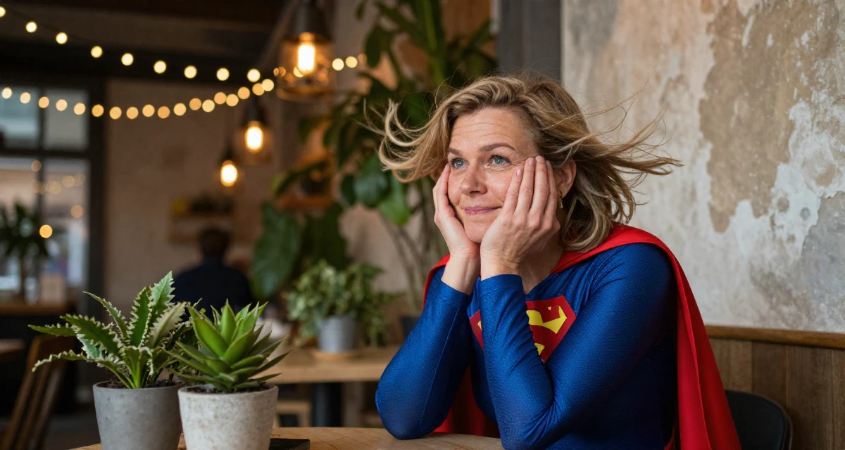 A sympathetic Female From Sweden, trained in interior architecture in their 33, navigating the complexity of senior leadership, wearing a superheroine spandex suit with a cape, shielding face from the wind in a cozy café.